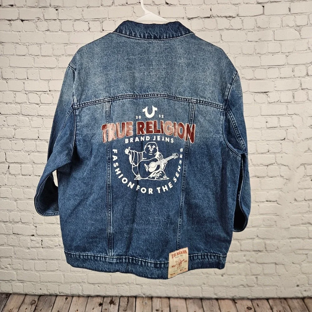True Religion Mens Denim Jacket Medium Blue Quartz Wash Buddha Print 701133 XL